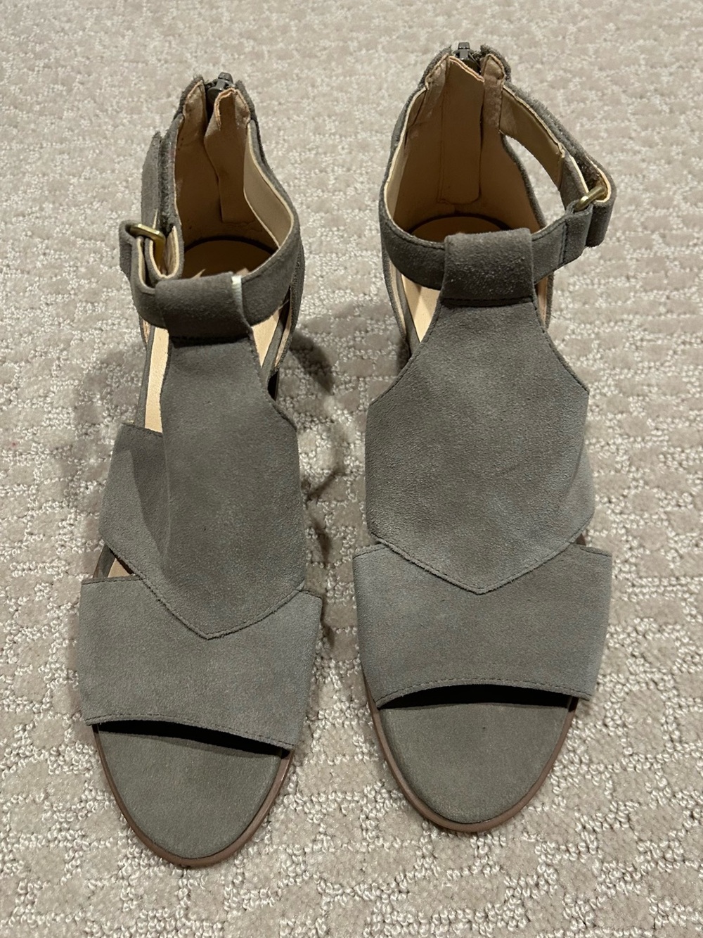 Clarks Grey Suede Open-Toe Ankle Strap Heels